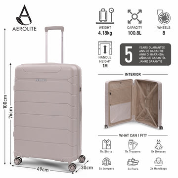 Aerolite Large 28in (100L) Lightweight Polypropylene Hard Shell Check-In Luggage Suitcase, 4 Dual Spinner Wheels, TSA Lock, Waterproof Pocket, Premium Travel Case - Cream